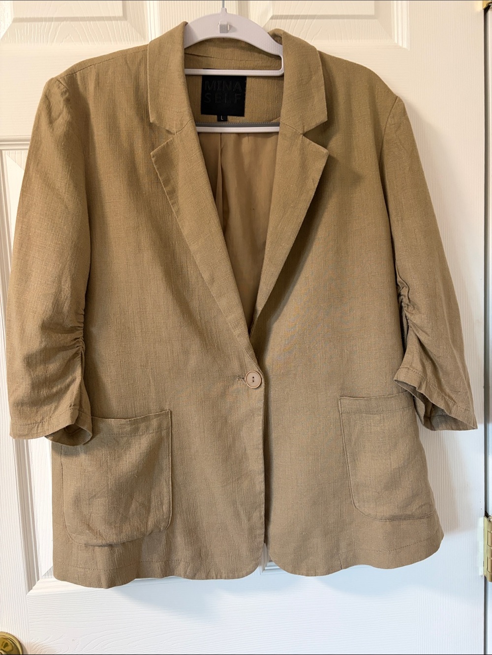 Mina Self Tan Single-Button Linen-Blend Blazer with Ruched 3/4 sleeves